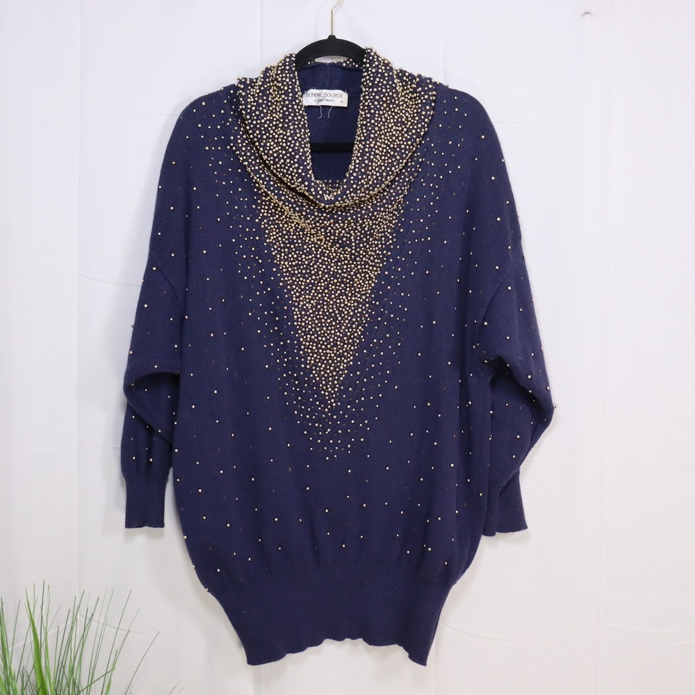 Bonnie Boerer Beaded Cowl Neck Sweater Womens M Navy Blue Dolman Vintage Glam